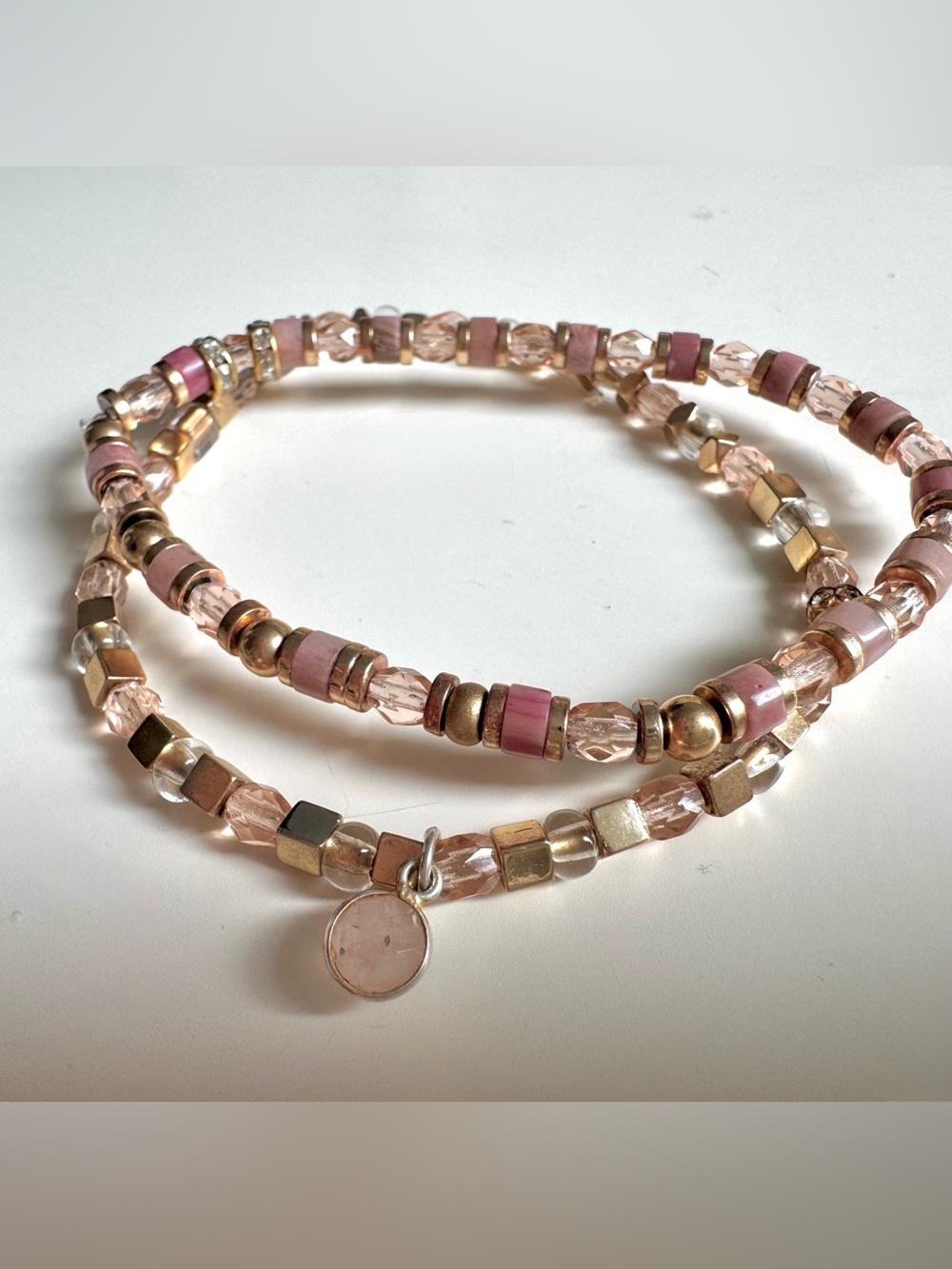 2 Delicate Pink Beaded Stretchy Bracelets w/ Gold Hematite and Quartz Charm